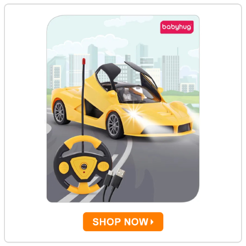 Babyhug Remote Control 1_16 Scale Openable Door Battery Operated Yellow Racing Car