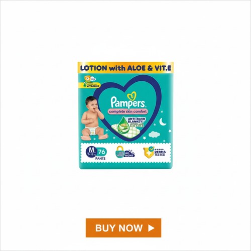 Pampers Complete Skin Comfort Pants, Anti-rash blanket, Lotion with Vitamin E & Aloe Vera, Medium size baby Diapers, (M) 76 Count, 7-12 kg image