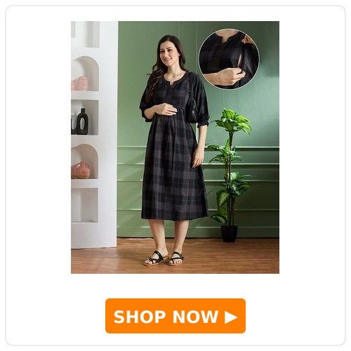 NIGHTSPREE Cotton Woven Three Fourth Sleeves Checked Maternity Dress