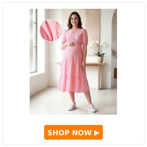 Bella Mama Viscose Woven Short Sleeves Stripe Tired Maternity Dress