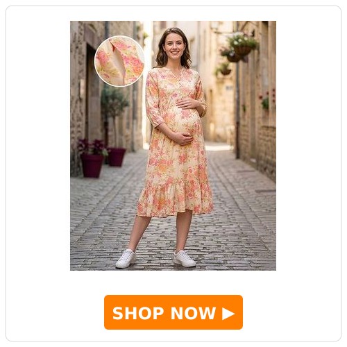 Bella Mama Woven Three Fourth Sleeves Rose Printed Maternity Dress