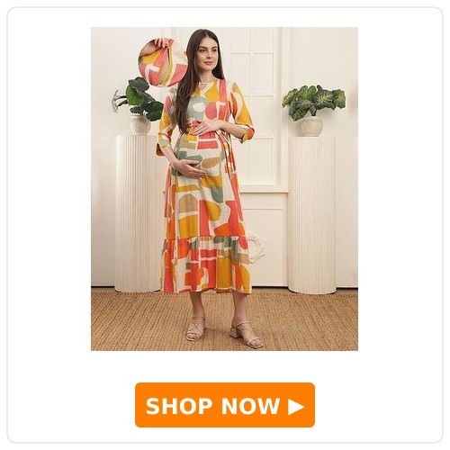 COLOR STUDIO Cotton Woven Three Fourth Sleeves Abstract Printed Maternity Dress