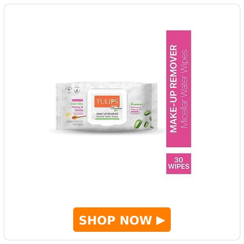 Tulips Premium Waterproof Makeup Remover Micellar Water Wipes I 30 wipes each pack, (pack of 1) with Aloe vera Honey & Vanilla I Dermatologically tested I pH balanced I No added alcohol & paraben free