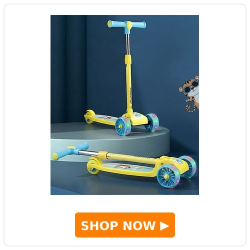 Play Nation 3-Wheel Foldable Kids Scooter with LED Lights & PU Wheels Blue & Yellow|3 Level Height Adjustments| Compact Fold|Lean-to-Steer| Toy for 3+ yrs Boys&Girls| Gifting Option| Physical Activity