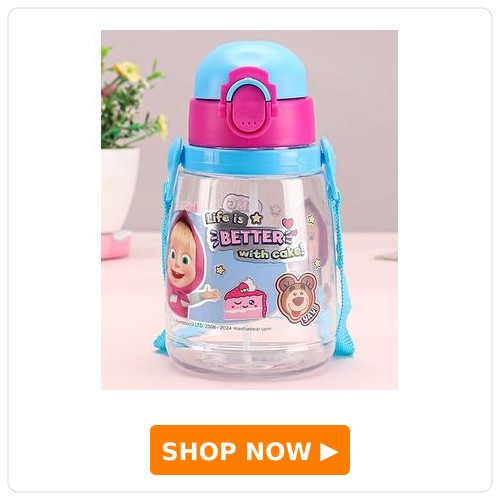 Masha & The Bear Celina Water Bottle With Straw & Sling Pink & Blue- 600 ml (Color May Vary)