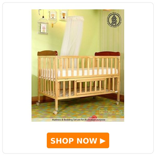 Babyhug Hamilton Wooden Cot with Mosquito Net & Storage Space - Natural Finish| Adjustable Height| Wheels with Lock| Openable Side Rail| Openable Headboard| New Zealand Pinewood