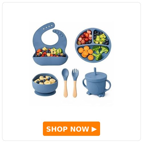 Ortis 6 Pcs Silicone Baby Feeding Set, BPA Free & Microwave Safe Dinner Tableware Kit - Feeding Bowl, Suction Plate, Cup, Spoon, Fork & Bib for Kids (Light Blue)