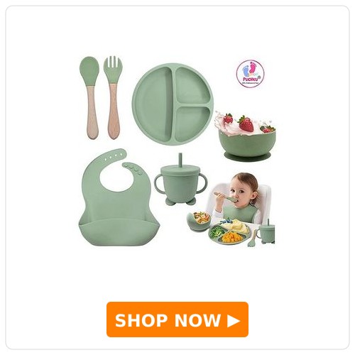 Puchku 6 Pcs Silicone Baby Feeding Set, BPA Free & Microwave Safe Dinner Tableware Kit - Feeding Bowl, Suction Plate, Cup, Spoon, Fork & Bib for Kids ( Pack of 1, Dusky Green)
