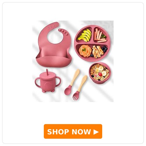 Ortis 6 Pcs Silicone Baby Feeding Set, BPA Free & Microwave Safe Dinner Tableware Kit - Feeding Bowl, Suction Plate, Cup, Spoon, Fork & Bib for Kids (Pink)