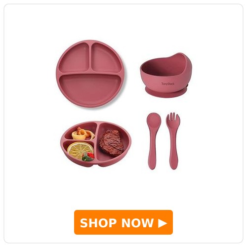 TONY STARK 4 Pcs Silicone Baby Feeding Set, BPA Free & Microwave Safe Dinner Tableware Kit - Feeding Bowl, Suction Plate, Spoon, Fork for Kids, Toddler (Dusty Pink)