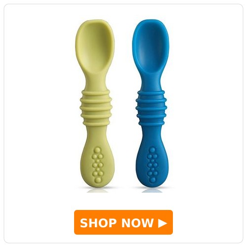 LuvLap Silicone Baby Led Weaning Spoons Set of 2, Baby Traning Spoon, Gum Friendly, Bpa Free, 114 Millimeter, White & Blue