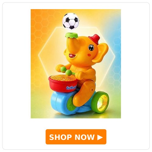 Fab N Funky Musical Walking Elephant Drummer Toy Musical Walking Elephant Drummer with Blowing Ball Toy - Yellow| Flashing LED Lights and Music| Battery Operated| Bump and Go| Beating Drum Toy|BIS Certified| Toddler Gifting Option