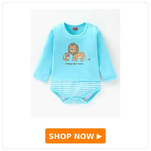 Stripes & Lion Full-Sleeve Onesie Babyhug 100% Cotton Full Sleeves Onesie Stripes & Lion Print- Blue