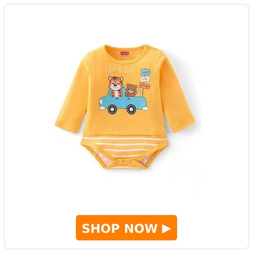 Tiger & Teddy Full-Sleeve Onesie Babyhug 100% Cotton Knit Full Sleeves Onesie with Tiger & Teddy Print - Yellow