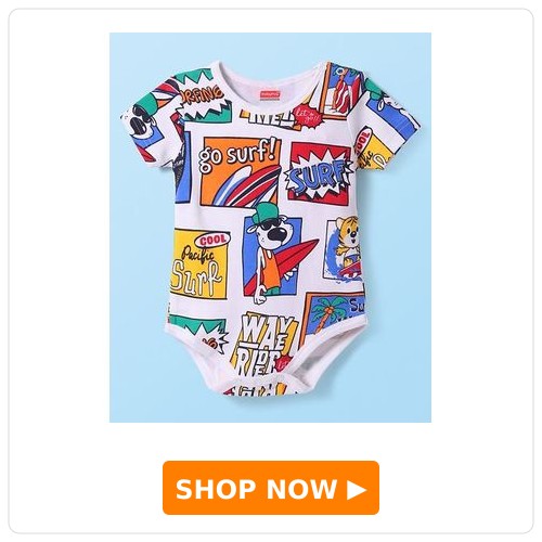 Beach Print Half-Sleeve Onesie Babyhug 100% Cotton Knit Half Sleeves Onesie with Beach Theme Print - White