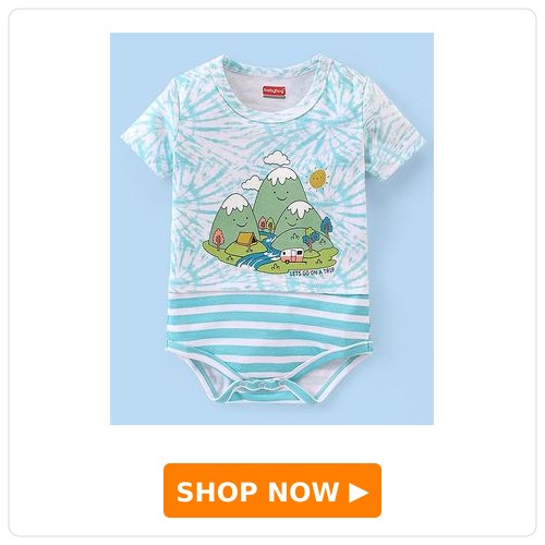 Mountain Print Half-Sleeve Onesie Babyhug 100% Cotton Knit Interlock Half Sleeves Onesies With Mountain Theme Print - Blue & Green
