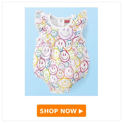 Babyhug 100% Cotton Frill Sleeves Onesie Emoji Print - Multicolor