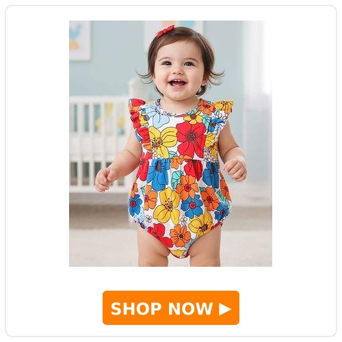 Babyhug 100% Cotton Knit Frill Sleeves Onesies Floral Print - Blue White & Red