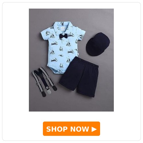 Ship Printed Onesie & Shorts Set With Cap & Suspender