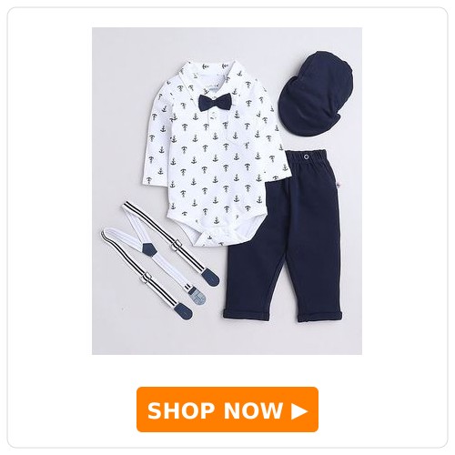 Anchors Printed Onesie With Solid Pant Cap & Suspender Set