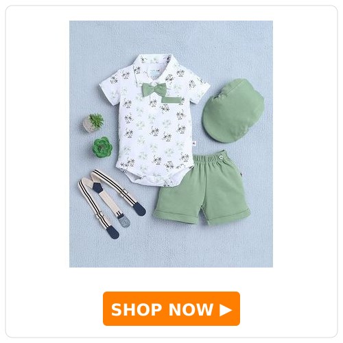 Beach Theme Printed Onesie Shorts With Suspender Cap & Bow Set