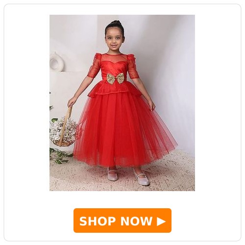 Toy Balloon Kids Satin Woven Sequins Detailed Gown Toy Balloon Kids Satin Woven Half Sleeves Sequins Embellished Bow Applique Detailed Gown - Red