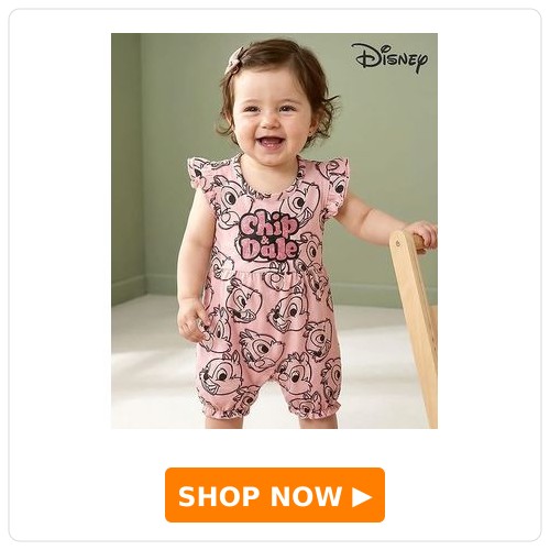 Frill-Sleeves Romper with Chip and Dale Print Babyhug Disney Interlock Knit Frill Sleeves Romper with Chip & Dale Print - Light Pink
