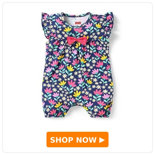 100% Cotton Frill-Sleeves Floral Romper Babyhug 100% Cotton Knit Frill Sleeves Romper with Floral Print & Bow Applique - Navy Blue