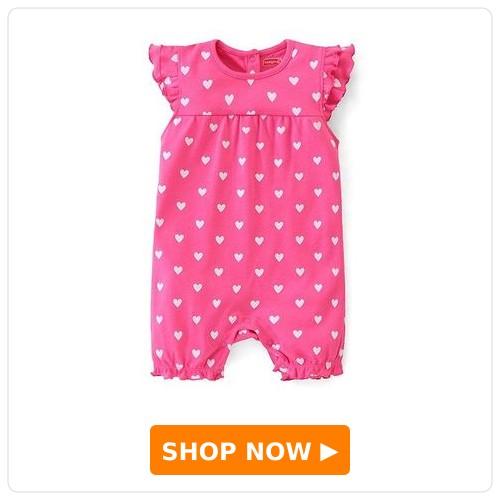100% Cotton Frill-Sleeves Heart Print Romper Babyhug 100% Cotton Frill Sleeves Romper Heart Print - Pink