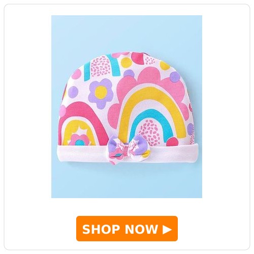 Cotton Knit Cap with Rainbow Print and Bow Cotton Knit Cap with Rainbow Print and Bow