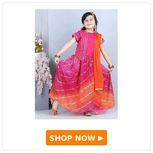 Kinder Kids Sleeveless Flower Embroidery Choli & Bandhani Print Lehenga With Dupatta - Pink & Orange