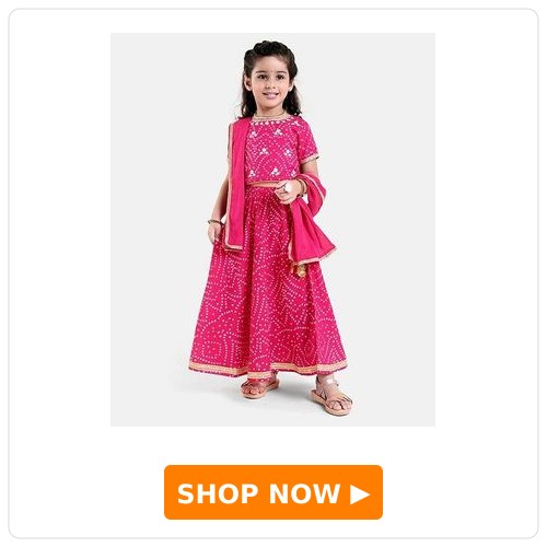 Babyoye Short Sleeves Choli Lehenga Jari Border Dupatta Bandhani Print - Fuschia