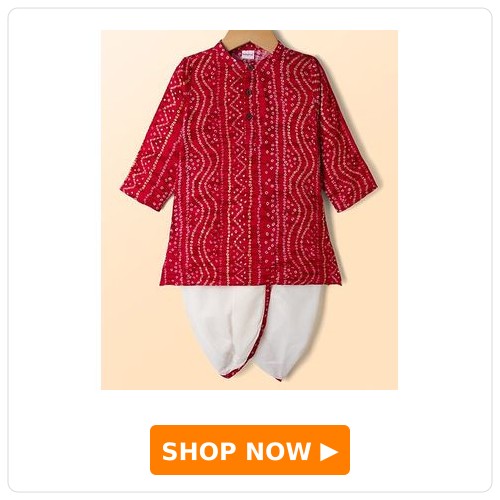 Babyhug 100% Cotton Cambric Woven Full Sleeves Bandhani Printed Kurta Dhoti Set - Dark Red & Wite