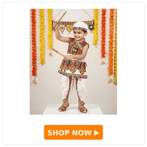 KID1 Navaratri Theme Sleeveless Kutch Style Embroidered Kedia Kurta Dhoti With Cap Costume Set - White