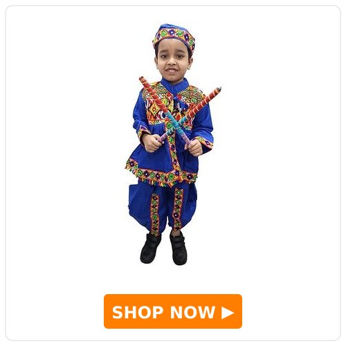 BookMyCostume Cotton Navratri Theme Full Sleeves Kediya Dhoti Costume With Cap & A Pair Of Dandiya Set - Blue