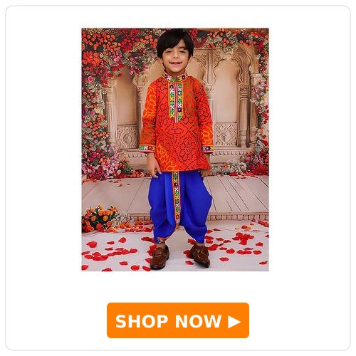 KID1 Cotton Woven Navratri Theme Full Sleeves Bandhani Designed & Mirror Work Embellished Dhoti Kurta Set - Orange & Blue