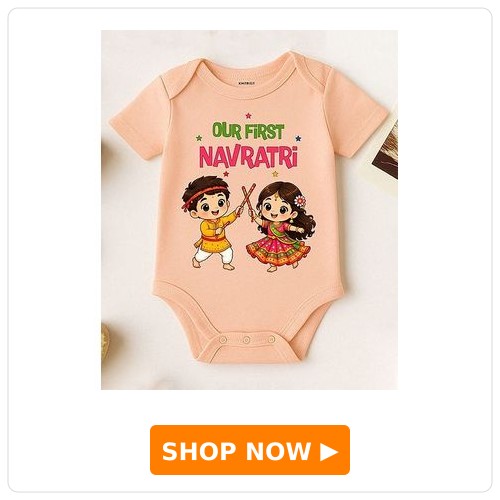 KNITROOT Cotton Knit Navratri Theme Half Sleeves Our First Navratri Text Printed Onesie - Peach