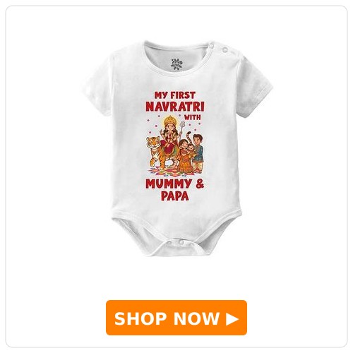 Baby Buzz Cotton Knit Navratri Theme Half Sleeves My First Navratri With Mummy And Papa Text Printed Onesie - WHite