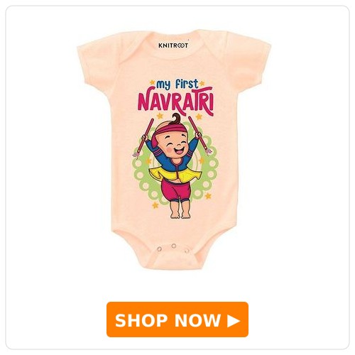 KNITROOT Half Sleeves First Navratri Theme Printed Onesie - Peach