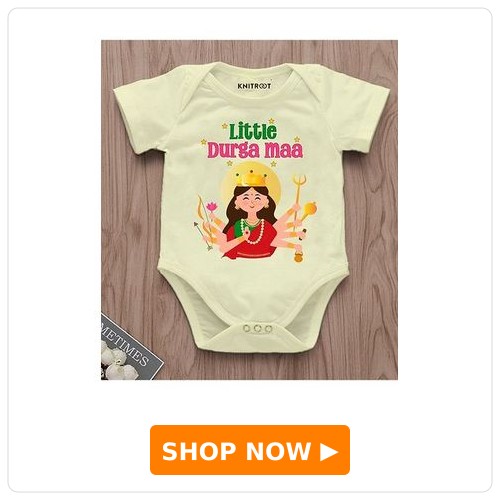 KNITROOT Navratri Theme Half Sleeves Little Durga Maa Text Printed Onesie - Yellow