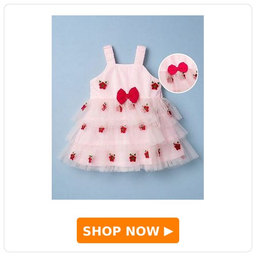 Babyhug Layered Sleeveless Dress with Bow and Floral Embroidery Babyhug Layered Sleeveless Dress with Bow and Floral Embroidery
