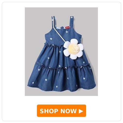 Babyhug Denim Woven Sleeveless One Piece Dress With Floral Embroidery & Sling Bag - Blue