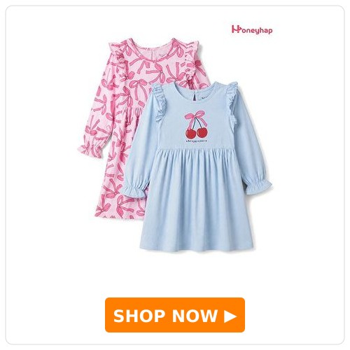 Honeyhap Premium 100% Cotton Knit Full Sleeves Frocks Honeyhap Premium 100% Cotton Knit Full Sleeves Frocks with Frill Details and Cherry & Bow Print Pack of 2 - Nosegay & Ice Water