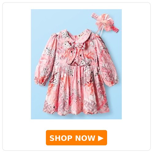 ToffyHouse Cotton Woven Full Volume Sleeves Printed Party Gown ToffyHouse Cotton Woven Full Volume Sleeves Printed Party Gown with Bow Applique & headband with Floral Applique - Pink