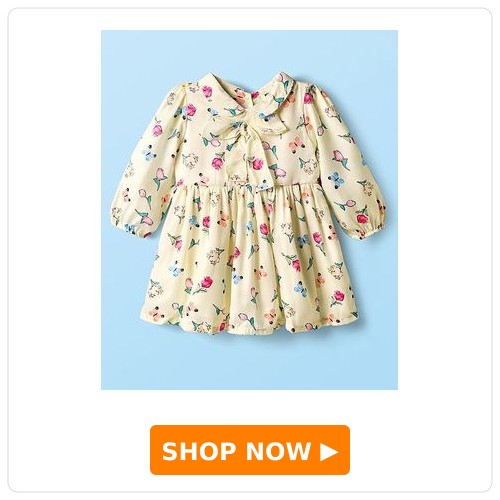 ToffyHouse Cotton Woven Full Volume Sleeves Party Gown ToffyHouse Cotton Woven Full Volume Sleeves Party Gown with Bow Applique & Floral Print - Buttermilk Cream