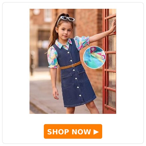 Hola Bonita Half Puffed Printed Top with Denim Dress & Belt