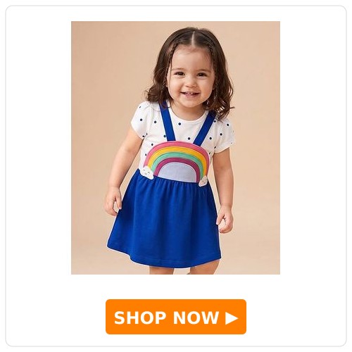 Babyhug Cap Sleeves Rainbow Appliqued Frock With Inner Tee