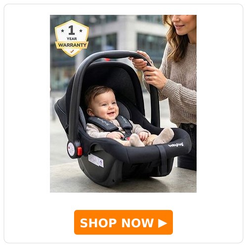 Babyhug Amber Car Seat Cum Carry Cot With Rocking Base - Black| Rocker & Feeding Chair| Adjustable Handle Position| Safety Harness| Removable Canopy & Padded Cushion| Washable Seat Cover